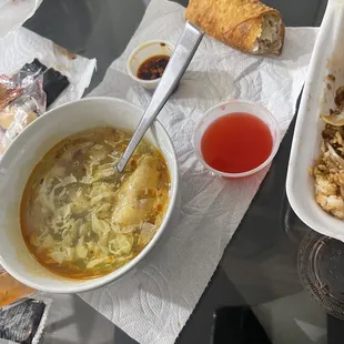 Egg drop soup, egg roll, egg roll sauce, chili oil