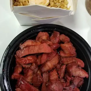 Boneless spare ribs with shrimp fried rice.