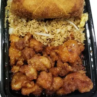 Huge pork egg roll with general tso chicken.