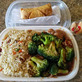 Beef &amp; Broccoli with fried rice and large egg roll