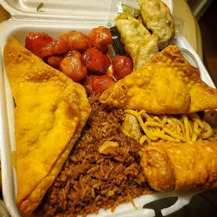 All my favorites! Crab Rangoon, orange chicken, chicken fried rice, lo mein