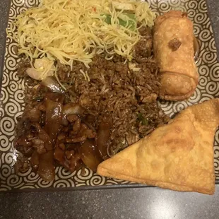 Chicken fried rice Singapore noodles Mongolian beef egg rolls crab Rangoon