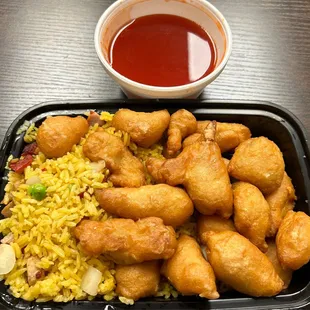 C 5. Sweet and Sour Chicken Combo - bland pork fried rice but not bad overall