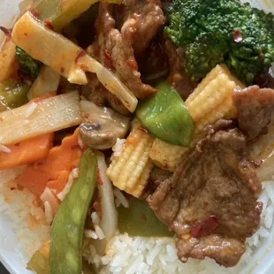 Hot and Spicy Beef. With all those pepper flakes, it should have been at least a little spicy.