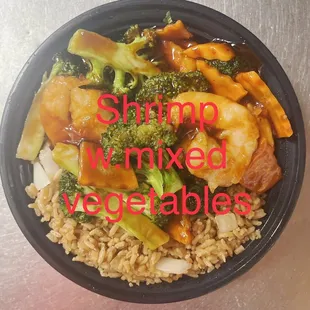 shrimp, broccoli, and rice in a bowl