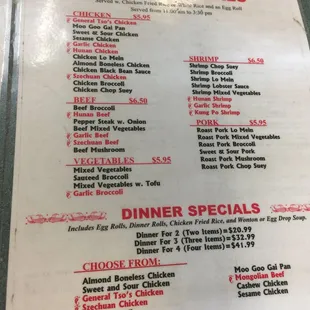 the menu for lunch specials