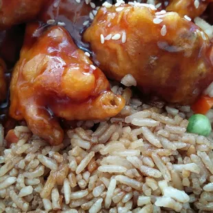 Sesame chicken with fried rice.