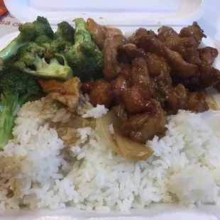 rice, broccoli, and meat in a styrofoam container