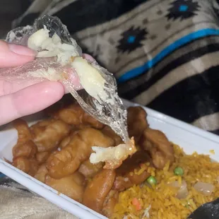 Found this in tonight's combo of sweet and sour chicken. A 5-6 inch long piece of plastic inside of the chicken