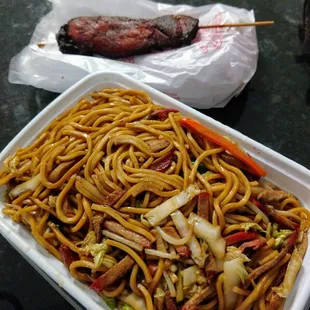 Large Pork Lomein &amp; Chicken-On-A-Stick (3 pieces)-- both very good