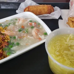 PORK FRIED RICE SHRIMP WITH LOBSTER SAUCE AND EGG DROP SOUP.