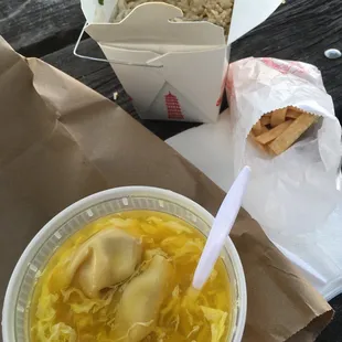 Chicken fried rice and egg drop/wonton mixed soup with crispy NOT STALE soup noodles!