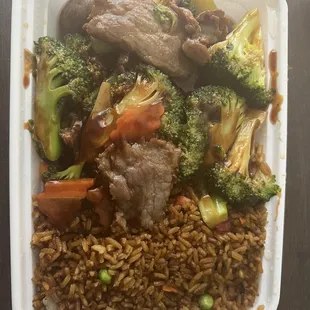 Beef and Broccoli with pork fried rice