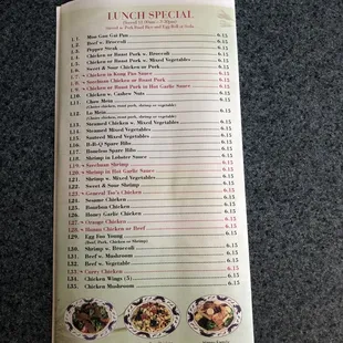 the menu for lunch special