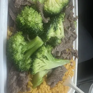 Beef and broccoli sauce on the side w Beef fried rice. Egg roll not shown but it was