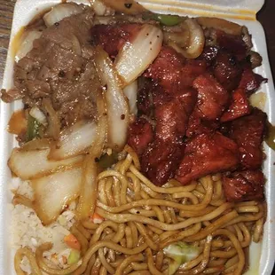 Mongolian beef, spare ribs, half chow mein half fried rice