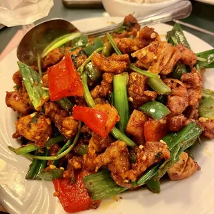 X16. Three Pepper Chicken - Amazing! A bit spicy. Portion sizes are huge, comes out piping hot. Enough leftovers for a full meal.