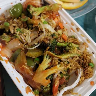 Shrimp with garlic sauce, substitute with vegetable fried rice instead of white rice.