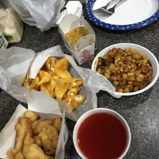 Sweet and sour chicken, krab rangoons, Kung Pao chicken, fried rice