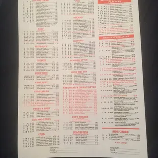 The menu back.