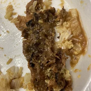 Burnt egg foo young patty. (Burnt onions)
