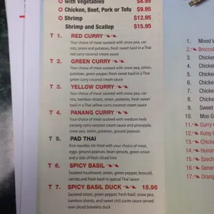 Thai menu