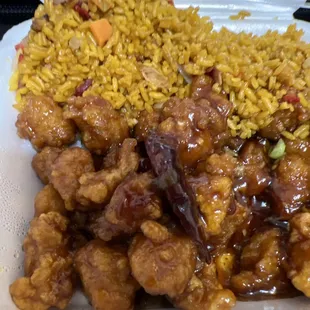General Tso chicken with pork fried rice.
