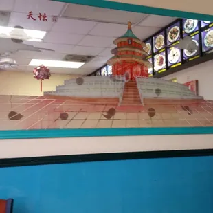 a clock tower in a restaurant