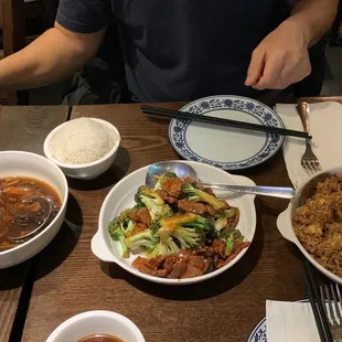 Left  Right (25. Veggie Hot and Sour Soup, 39. Beef with Broccoli, 81. BBQ Pork Fried Rice)
