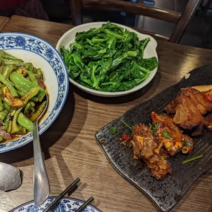 Duck blood, pea sprouts, and pig feet