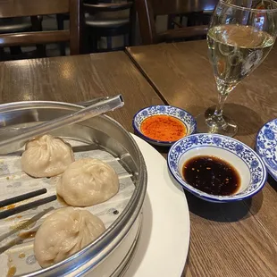 Chardonnay, Pork Soup dumplings, black vinegar &amp; red chili oil - excellent