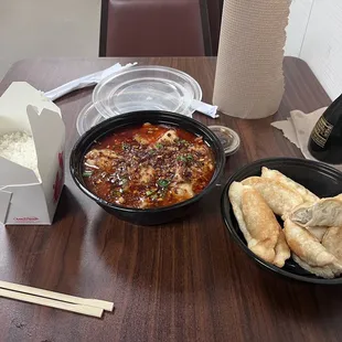 F3. Fish Fillet in Chili Oil and A3. Fried Dumplings, with extra J1. Steam Rice