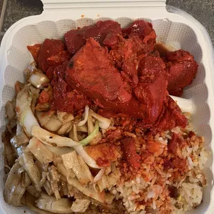 Char Siu fried rice, Chow Fun, Kau Yuk w/ sauce on da rice