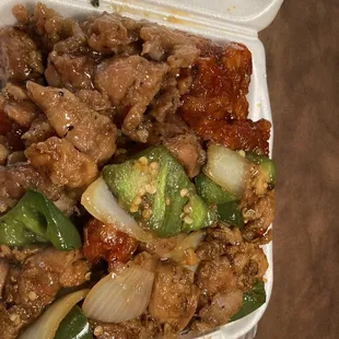 chow mein with honey chicken &amp; orange chicken