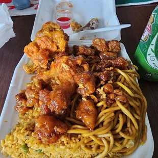 Orange chicken, salt and pepper wings, half and half (lo mein &amp; fried rice)