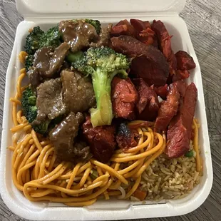 3 Entree Combo with Half Fried Rice and Lo mein