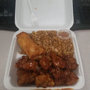 chicken and rice in a styrofoam container