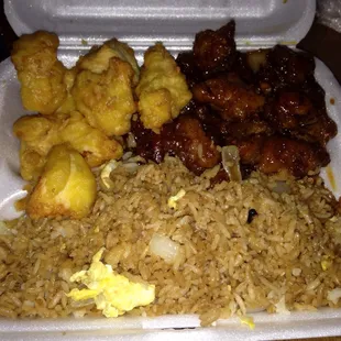 General Tso's chicken, sweet and sour (no sauce) chicken, and fried rice