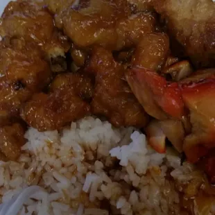 Orange chicken, teriyaki chicken &amp; steamed rice
