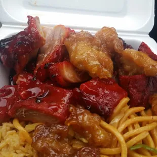 Orange chicken teriyaki chicken chow mein and rice