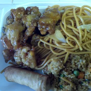 Orange chicken, fried rice, chew mein, &amp; egg roll