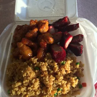 BBQ PORK &amp; ORANGE CHICKEN AND FRIED RICE