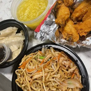 6 Steamed Meat Dumplings, Egg Drop Soup, Fried Chicken Wings, Chicken Lo Mein