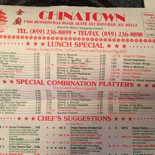 the menu for chinatown