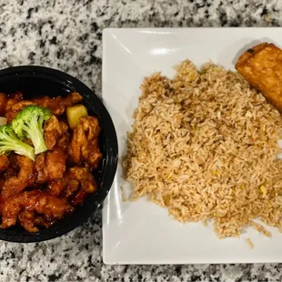 General Tso's, fried rice and chicken egg roll. Soooo much food