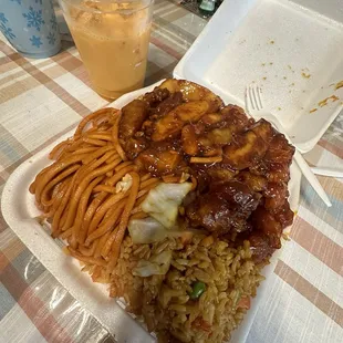a plate of food and a drink