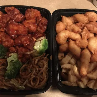 two trays of chinese food
