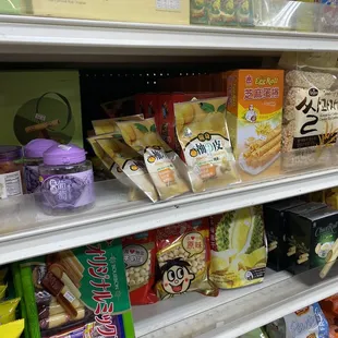 a variety of snacks on shelves