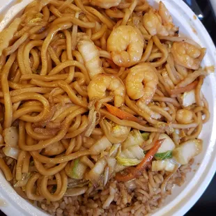 Shrimp Lo mein with pork fried rice. Lunch special takeout. Delicious!!