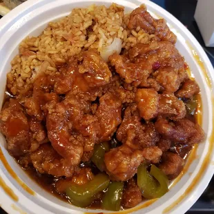 General Tso's Chicken with pork fried rice. Lunch special takeout. Delicious!!